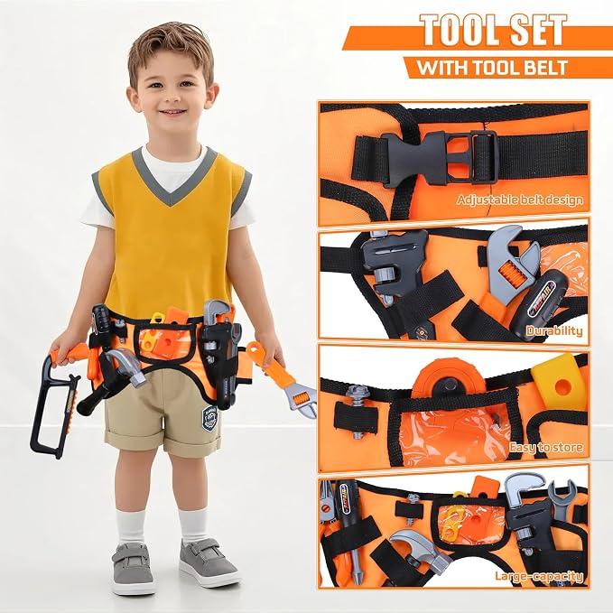 Magic4U Kids Tool Set, 52PCS Toddler Toolbag with Electric Drill, Tool Belt | Electric Drill with 3 bits, Pretend Play Construction Toys Costume Adjustable Tool Belt, Gloves and Goggles for Age 3-8