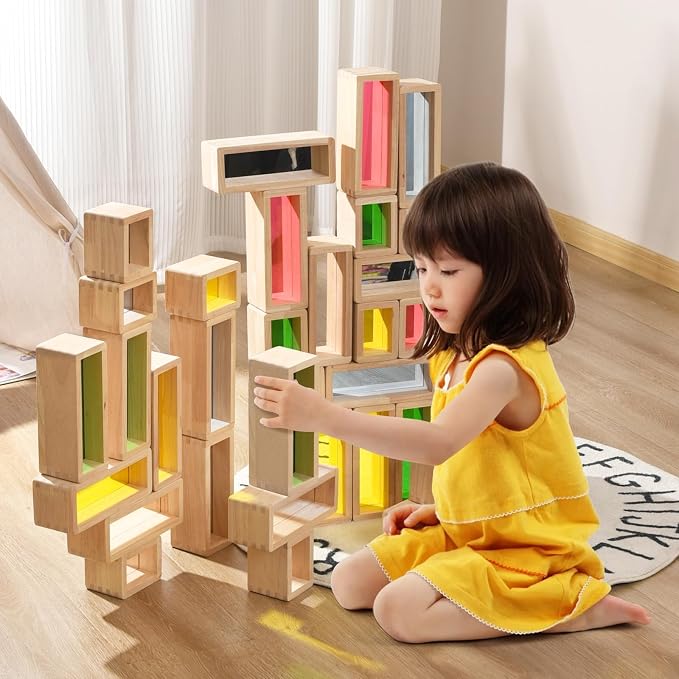 Large Wooden Building Blocks Set for Toddlers, 36 PCS Big Colorful Rainbow Window Hollow Blocks Set Montessori STEM Construction Toy for Kids Sensory Stacking Blocks for Preschool Kindergarten Play