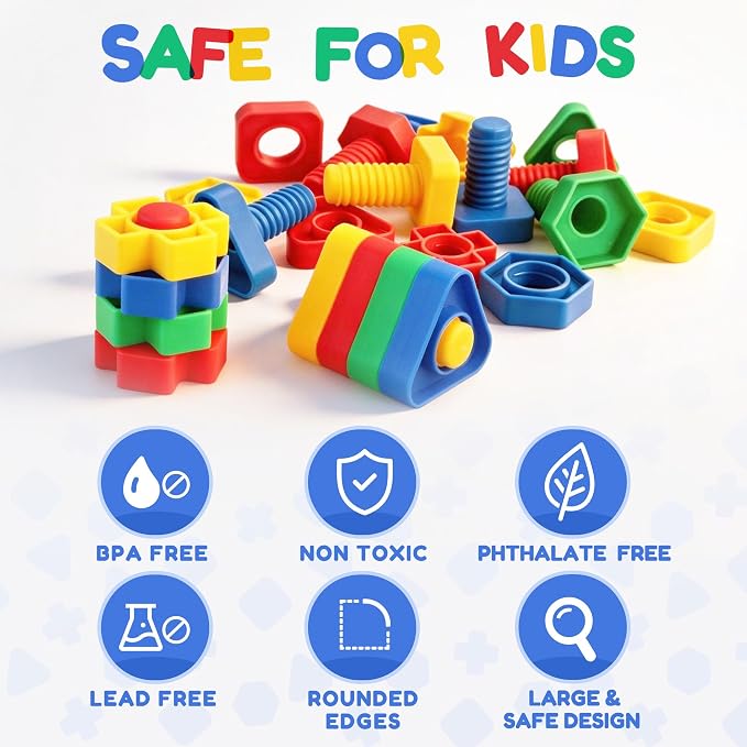 LotFancy Nuts and Bolts, 24pcs Fine Motor Skills Occupational Therapy Toys for Kids, Shapes and Colors Matching Toys, Montessori Building Construction Game with Storage Box for Baby and Toddlers