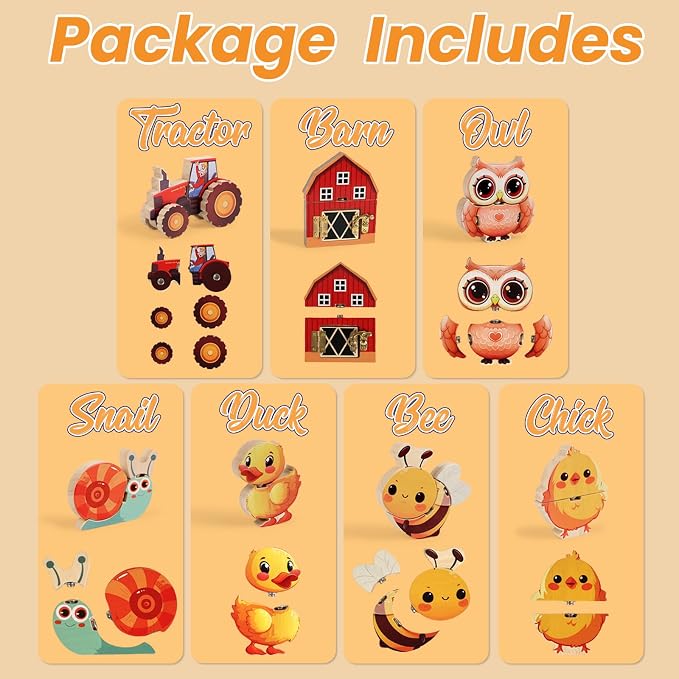 HUZU Farm Snap Wooden Blocks – Montessori Building Toy for Toddler Kids, Moving Wheels Tractor, Lockable Door Barn, Mix & Match Farm Animals Duck Bee Owl Chick Snail, Stocking Stuffers for Grandkids