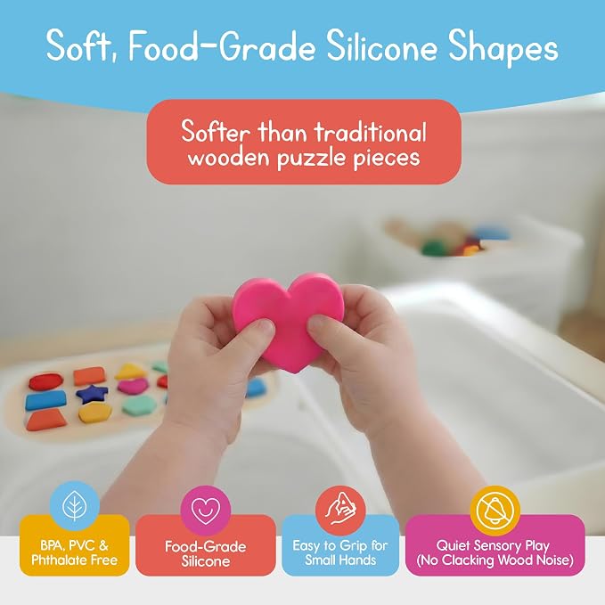 Shape Puzzle for Kids, Sensory Bin Insert for Sensory Tables, Silicone Geometric Shapes, Wooden Fine Motor Learning Toy
