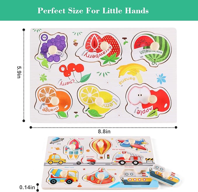 Wooden Peg Puzzles for Preschoolers 3-5, Kids' Educational Preschool Peg Puzzle Toy, Set of 3 Preschooler Puzzles - Traffic, Dinosaur, and Fruit, Ideal Gift for Ages 3 4 5 Boys and Girls