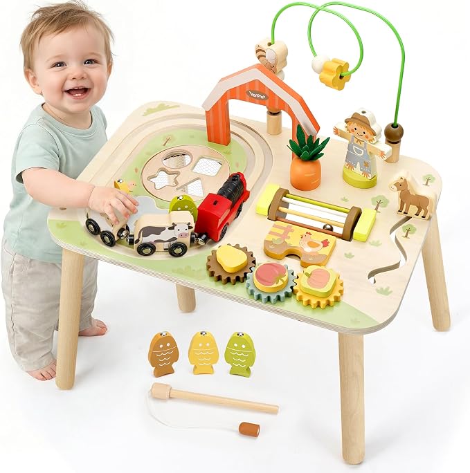 Vanplay Activity Table for 1 2 Year Old Boy Girl Birthday Gifts | 10 in 1 Farm-Themed, Upgraded Large Size, Learning Activities with Fishing/Shape Sorte/ Animal Train Track for Toddler 1-3