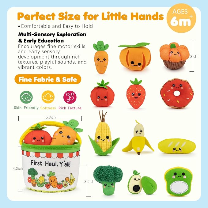 Montessori Sensory Toy for 1 Year Old, Fruit Vegetable Learning Sensory Toy | Color Sorting Play Food Set with Crinkle & Rattle, Fine Motor Skills Toy, Gift for 1 2 3 Year Old Boys & Girls