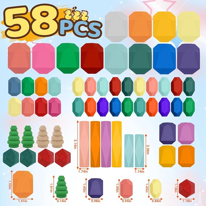 MEGRANATE 58PCS Montessori Wooden Stacking Rocks Toys Colorful Stacking Stones Building Blocks Games Sensory Toy for Kids Educational Learning Toys for 3+ Years Old Kids