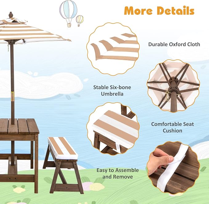 Costzon Kids Picnic Table, Toddler Wood Table & Chair Set w/Cushions, Height Adjustable Umbrella, Children Activity Table Outdoor Furniture Set for Patio, Garden, Backyard, Gift for Ages 3-8 (Coffee)