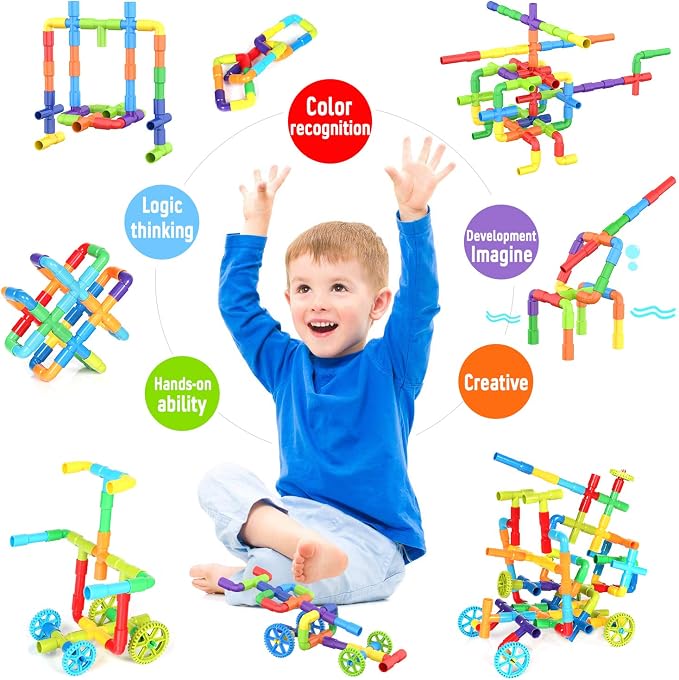 250 Pcs Tubular Pipes & Spout STEAM Interlocking Educational Building Blocks Set, Kids Tube Locks Construction Set with Storage Box, Idea Book, Preschool Educational Toy Gift for Toddlers Age 3+