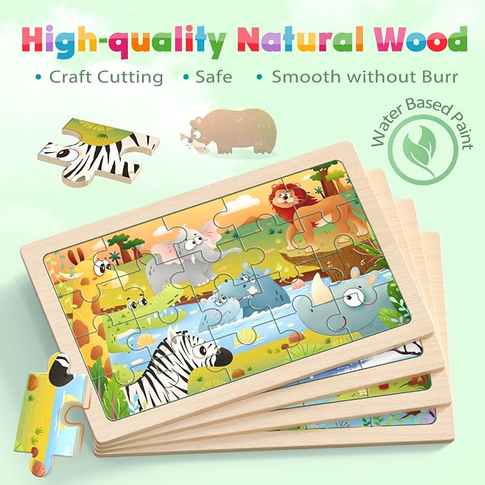 Zeoddler Wooden Puzzles for Toddlers, 4 Pack Animal Jigsaw Puzzles for Kids3-5, 20 Pieces Preschool Learning Activities, Learning & Educational Toys, Gift for Boys, Girls