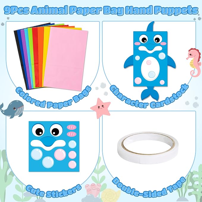 WATINC Hand Puppet Making Kit, Paper Sock Puppet Toys for Kids (Ocean) | 9 Styles, Make Your Own Storytelling & Role Play Crafts, Creative Group Activity, Party Favors & Gifts for Kids Ages 4-8