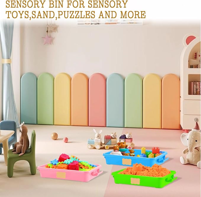 3 Pcs Plastic Sensory Bin Sand Tray with Lid 8 Stickers Portable Sandbox Container with Handle Clear Lid Stackable Play Tray for Home Office Storage Sand Arts Crafts Organizing