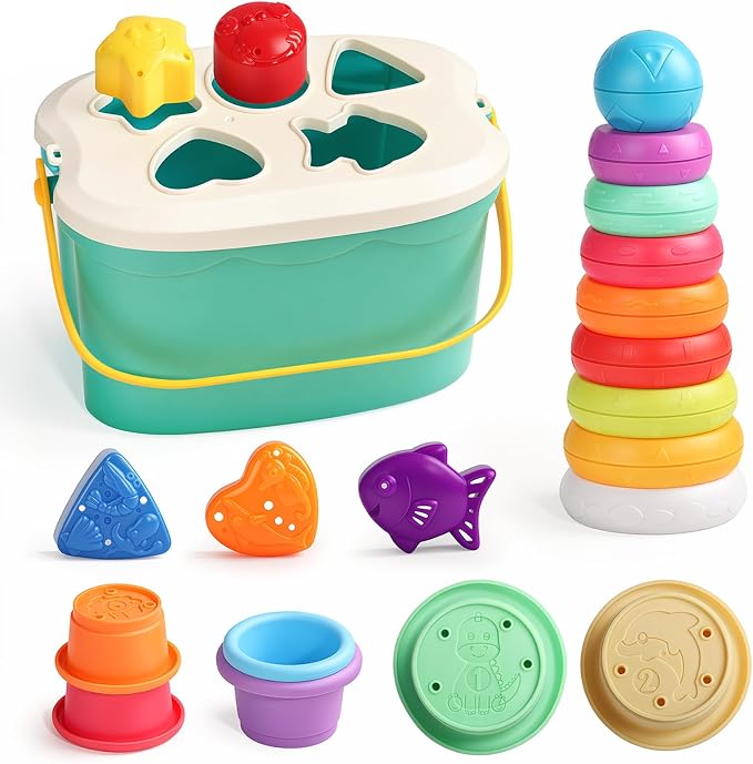 Baby Stacking Toys with Stacking Rings & Shape Sorter for 12+ Months | Stacking Rings Baby Toy with Color Sorting & Matching Play, 3 in 1 Learning Toy for 1 Year Olds