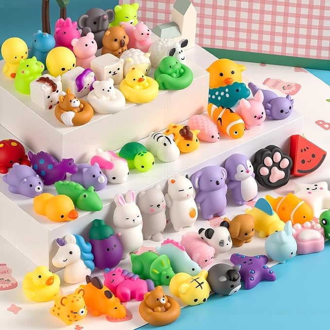 25 Pack Squishy Toys, Mochi Squishy Animals for Kids, Kawaii Slow Rising Squishies, Cute Sensory Fidget Toys for Kids, Party Favors, Treasure Box Prizes, Classroom Prizes in Storage Bucket