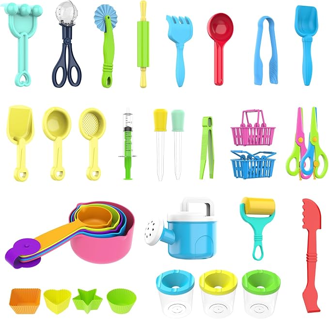 34PCS Sensory Bin Filler Tools,Fine Motor Skills Handy Sensory Bin Scooper Set with Scoops,Tweezers,Beach Shovels,Kettle,Rake,Sensory Table Bin Accessories for Counting Sorting Hammering Pounding