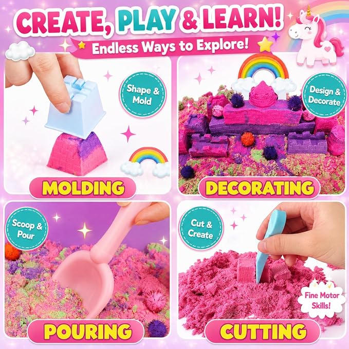 AGENTLAN Unicorn Sensory Bin,Sensory Sand Kit, Gift for Girls Ages 3-8 | Unicorn toys, sensory toys with portable sand box, indoor outdoor kits for girls and boys