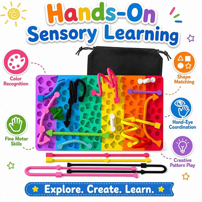Sensory Activity Board, Sensory Fidget Toys for Kids Adults, Stress Relief | Quiet Sensory Toys, Fidget Toys for Adults and Kids, 14 Colorful Strings, Screen-Free Travel Activity for Car and Airplane
