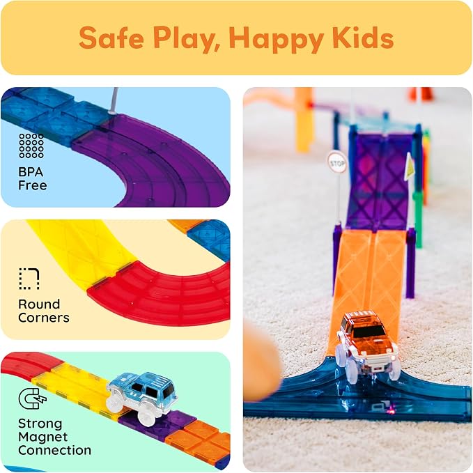 PicassoTiles 30 PCS Magnetic Race Track Toy Set STEM Educational Building | Ages 3+, BPA-free materials, promotes hand-eye coordination & engineering skills, Hands-On Learning & Screen Free Play