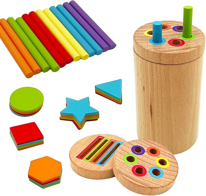 Montessori Shape & Color Sorting Montessori Toys for Toddlers 3, Wooden Fine Motor Skills Sensory Toy Preschool Learning Toys Travel Gift for Boys and Girls (Wooden Set)