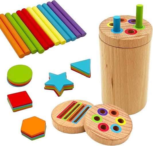 Montessori Shape & Color Sorting Montessori Toys for Toddlers 3, Wooden Fine Motor Skills Sensory Toy Preschool Learning Toys Travel Gift for Boys and Girls (Wooden Set)