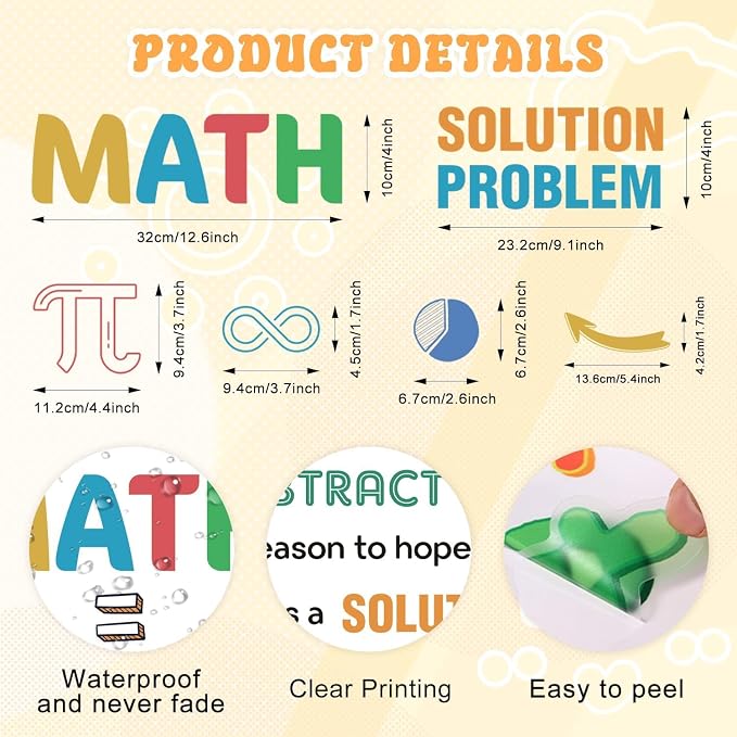 LHIUEM 62pcs Math Wall Stickers Colorful Mathematics Wall Decals Peel and Stick Math Symbols Pattern Kids Stickers Gift Motivational Quotes Wallpapers Problem Solution Sticker for Classroom Nursery