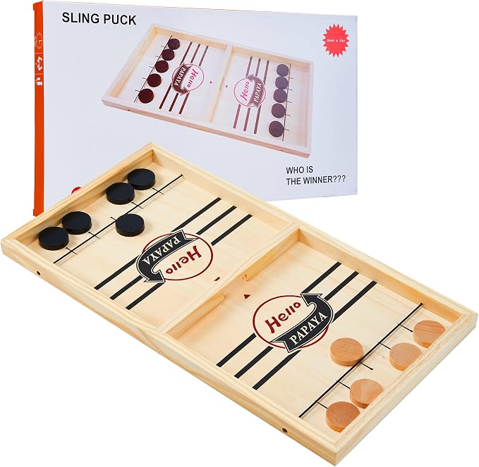 HELLO PAPAYA Fast Sling Puck Game - Test Your Speed and Accuracy with This Fast-Paced Wooden Air Hockey Desktop Battle Board Game - Guaranteed Fun Gifts for Family Night or Friends Party