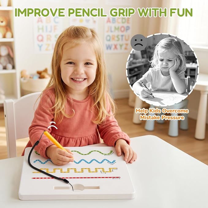 GAMENOTE Magnetic Shapes Lines Tracing Board Double Sided, Pencil Control | 2 in 1 pencil control practice toy, road trip car activity, preschool classroom learning, toy for kids ages 3-5