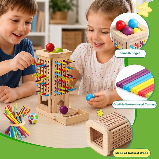 Montessori Toys for 3 Year Old, Fine Motor Skills Pick Up Sticks Ball Drop | Stacking Game, 40 Colorful Sticks & Dice, Educational Math Games, Interactive Family Game Night Gift for Kids 4 5 6 7 8
