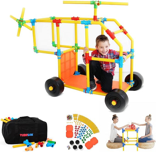 Tubelox Deluxe STEM Building Toy Set & Storage Bag | 220 Piece Life-Size Construction Kit for Kids | Portable PVC Pipe Blocks for Forts, Vehicles & Creative Play | Durable Indoor/Outdoor Toy | Ages 3+