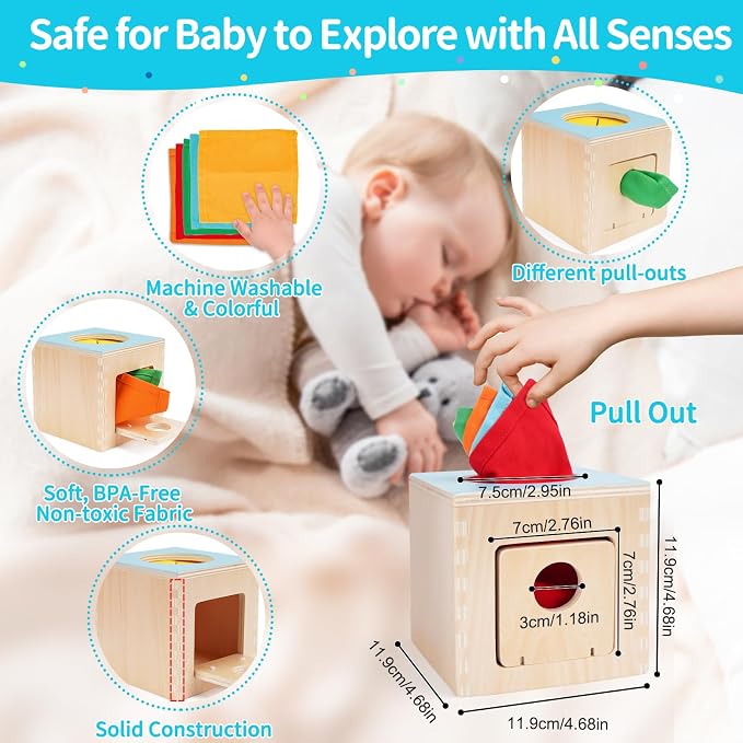FCSONU Wooden Baby Tissue Box Toy, Sensory Montessori Baby Toy 0-6-12 Month | Toddler Wooden Baby Sensory Toys for Educational Learning with Cloth Tissues, Boys Girls Birthday Gifts Christmas 9-18 Months