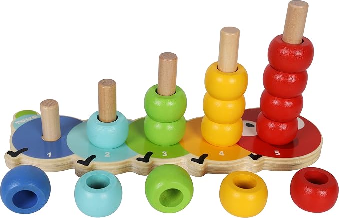 TOWO Wooden Stacking Rings Toy, Caterpillar Counting Ring Stacker | 5-peg ring stacker with counting rings; supports color sorting, fine motor skills and early learning, gift age 1+.