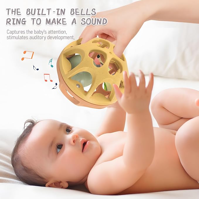 Baby Rattle, Soft Teething Montessori Sensory Toy for 3-6M | BPA-Free Wheat Straw, Open-Hole Grip, Rattle Sound, Teething Play, Fine Motor Skills, 3-6 Month Christmas Gifts