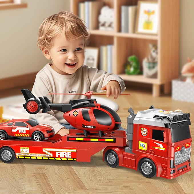 Boys Fire Truck Toy, 25" Large Friction Semi Truck with Helicopter & Race Car, Lights & Sounds, Suitable for Ages 3-8