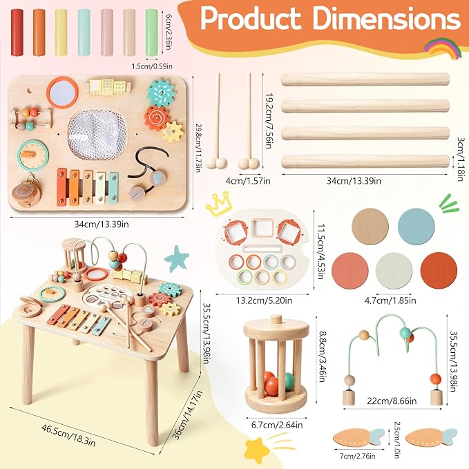 Montessori Toys for 1 Year Old, Wooden Activity Table for Toddlers 1-3, 13-in-1 Sensory Play Table with Bead Maze, Fishing Game, Shape Sorter & Xylophone, Learning Toy, First Birthday Gift