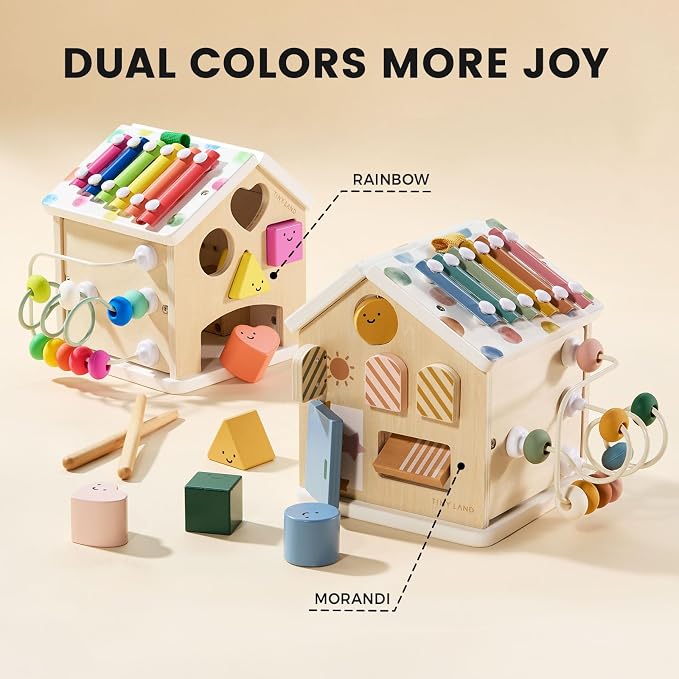 Tiny Land 9-in-1 Wooden Activity Cube, Educational Toy for Toddlers | Montessori Baby Activity Center for 1+ Year Old, Ideal Gift for Boys and Girls (Morandi)