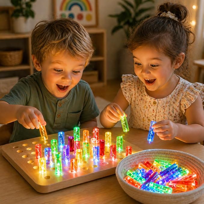 Wooden LED Peg Board Wall Toy for Kids with 64 Pegs | APP Controlled, IR Remote Controlled