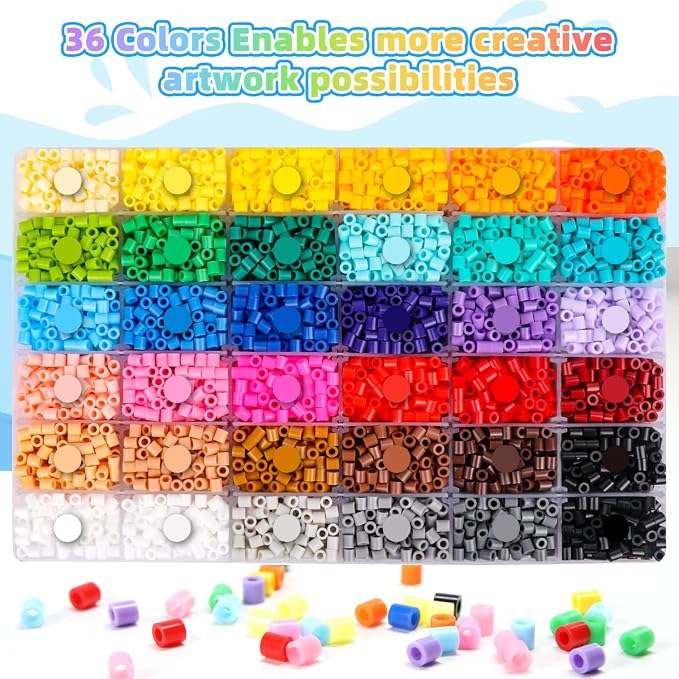 Meland Fuse Beads Kit, 5MM 11,000 Beads in 36 Colors, Crafts for Ages 5-12 | Includes 5mm beads, 5 pegboards, ironing paper and chain accessories for creative crafts, keychains and colorful designs