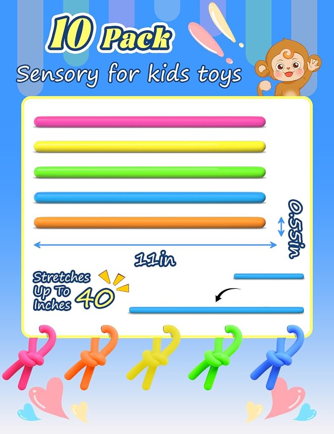 10 Pack Sensory Autism Toys for Kids – Gift Box Upgraded Extra-Thick Stretchy Sensory Strings for School Classroom Rewards Back to School Birthday Party Favors (Smooth)