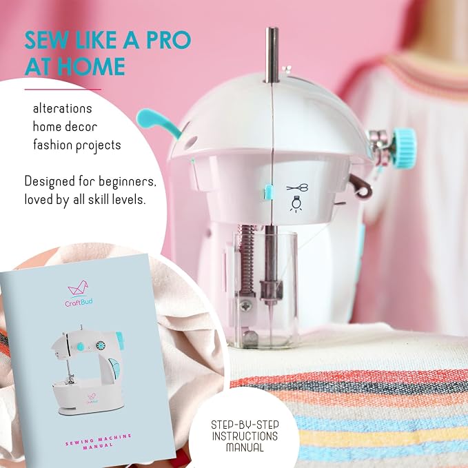 CraftBud Mini Sewing Machine for Beginners, Adults and Kids Sewing Machine | 48-Piece Sewing Kit Accessories, Portable, Dual Speed, Extension Table, Foot Pedal, Built-in Light, Guide Book & More, White
