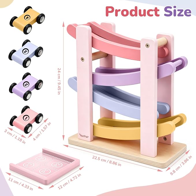 Vanplay Car Toys for 1 2 Year Old Girls Gifts, Car Ramp Toy for Toddler 1-3 | Pink & Purple Race Track Truck Toy, 4 Level & 4 Mini Cars, Fully Assembled, All Wood, One 1st Christmas Birthday Gift