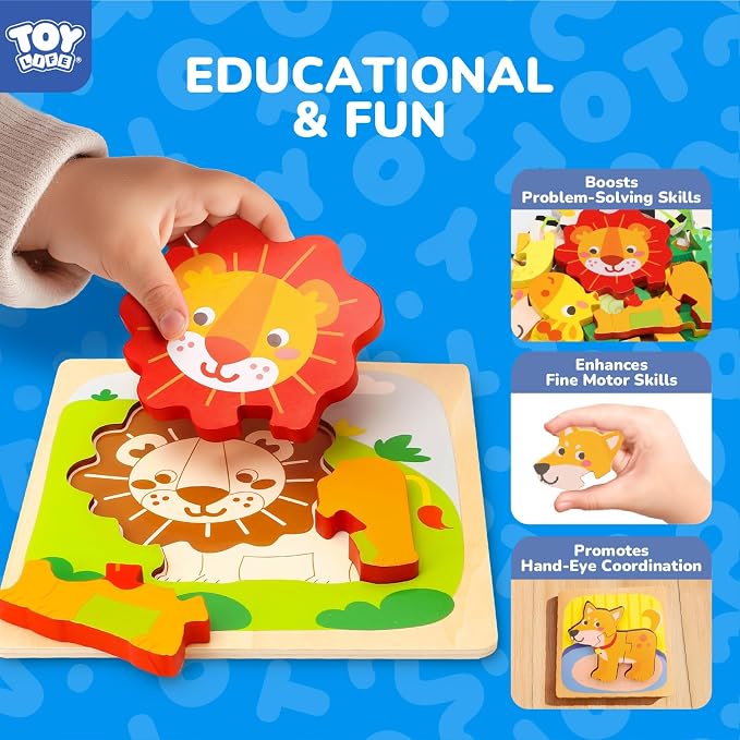TOY Life Wooden Puzzles for Toddlers 2-4, Montessori Toys for 1 2 3 Year Old Boys Girls, 10 Piece Animals Puzzles Educational Learning Toys, Birthdays Gifts Toy for 2 Year Old Girl Boy