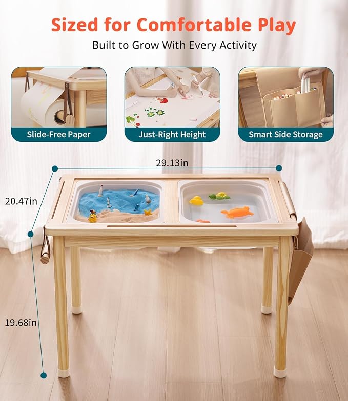 Sensory Table for Toddler, with 2 Foldable Storage Bins, Double-Sided Lids | Premium Pine Wood, Indoor/Outdoor Kids Play Sand and Water Table, Birthday Gifts for Boys and Girls