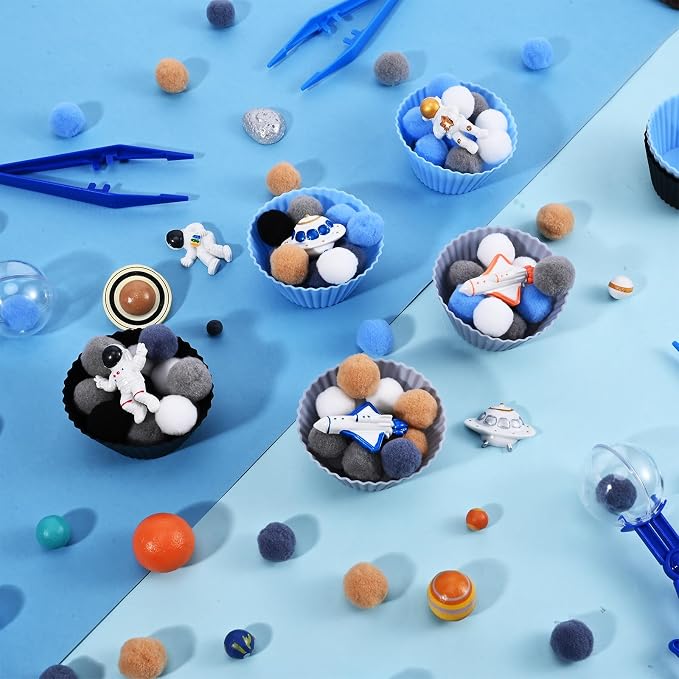 Sanixn 152 Pcs Space Sensory Bin Fillers Outer Space Fine Motor Skills Astronauts Sensory Bin Item Pompoms Cups Tweezers Scissor Clips for Preschool Education Activities Sorting Counting(Space)