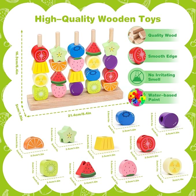 Appoft Montessori Wooden Beads Mastery Kit: Fine Motor Skills Builder for Toddlers 2-5 Stacking Blocks Lacing Beads Travel Learning Toys STEM Gifts for 2 3 4 5 Year Old Boys Girls Toys for Ages 2-4