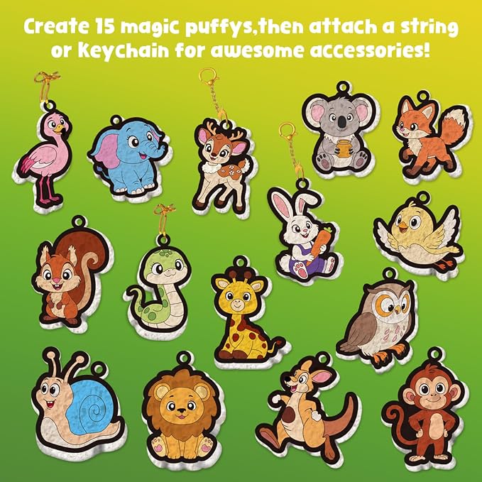 Artnedu Magic Puffy Paint 3D Art Kit - Animals,Mess-Free Color Activity | Paint By Number Craft Kits for Kids,DIY keychain,Travel Toys & Creative Gift for Ages 4, 5, 6, 7, 8, 9, 10