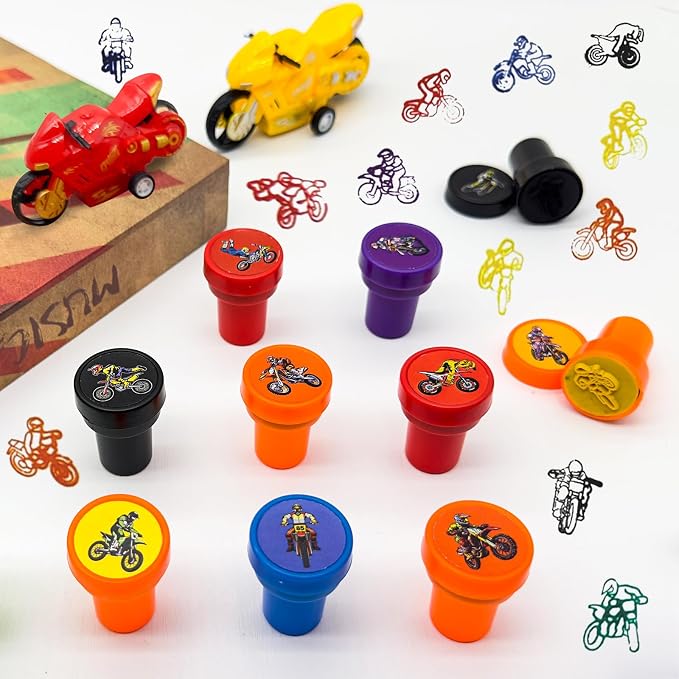 Cinrobiye 24 Pcs Dirt Bike Stampers Party Favor Set, Cute Motocross Stamps for Kids Birthday Party, Classroom Rewards, Sports Prizes, Goody Bag Fillers, Racing Adventure Party Supplies