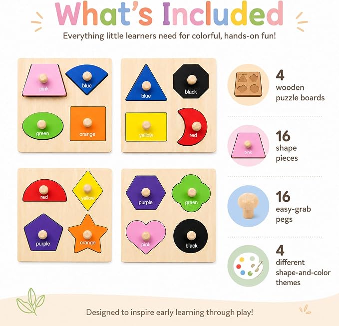 Wooden Shape Color Sorting Puzzle Toys for Toddlers, 4 Pack Montessori Peg Puzzles for Ages 2-4, Preschool Learning Toys for Shape Recognition, Fine Motor Skills, Gifts for Kids Boys Girls 1 2 3 4