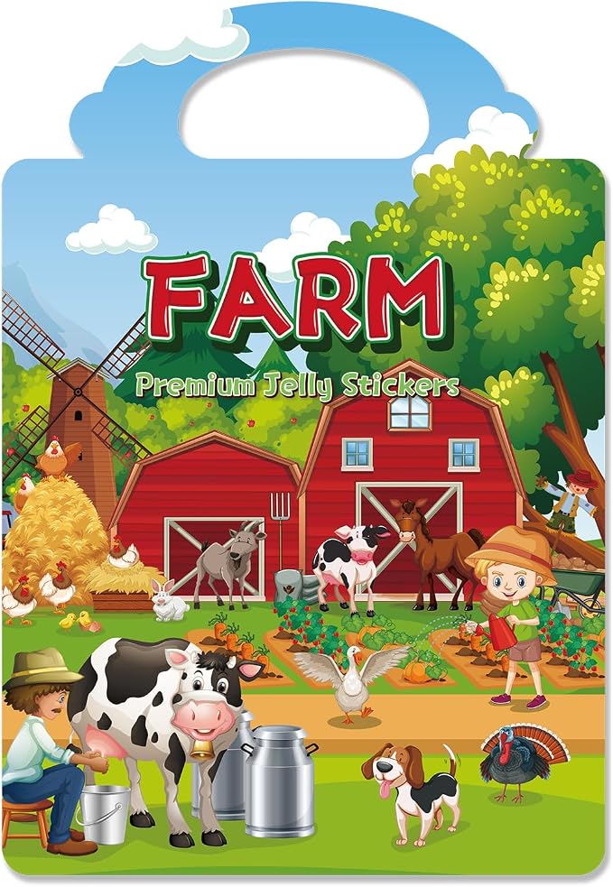 Reusable Sticker Book for Toddlers 3-6, Jelly Stickers for Kids, Sticker Activity Book Travel Toys, Car & Airplane, Educational Learning Gifts for Boys and Girls Ages (Farm Theme)