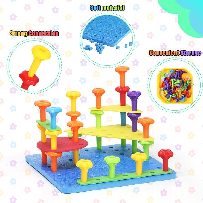 Ggiibro Peg Board Toy Set 101Pcs DIY Building Stacking Toys for Kids 3-6 Years Old,STEM Educational Kids Toy for Brain Development,Montessori Sensory Toys,Plastic Lacing String Game