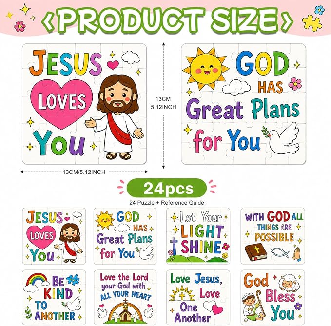 Cinrobiye 24 Pcs Christian Coloring Jigsaw Puzzle Crafts Bulk DIY Religious Inspirational Bible Activities Jesus Loves You Faith Art Projects for VBS Sunday School Church Party Favors