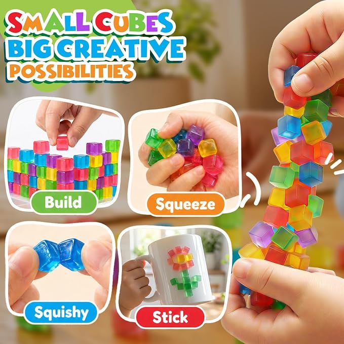 LESONG Mini Sticky Stacking Cubes for Kids: 150 PCS Washable Sensory Building Toy, Soft Squishy 0.39 inch Cubes with Storage Box, Balanced Stickiness for 2D & 3D Building, Translucent Travel Toy