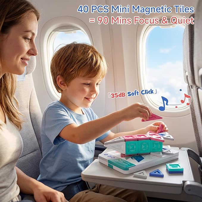 Magnetic Tiles Travel Tin Set: Airplane Activities for Kids Ages 4-8 | 40 Pcs Morandi Building Blocks, 90+ Mins Quiet Play, 45s Cleanup, Powerful Magnets, Holds 7 Tiles, Portable for Car Trips
